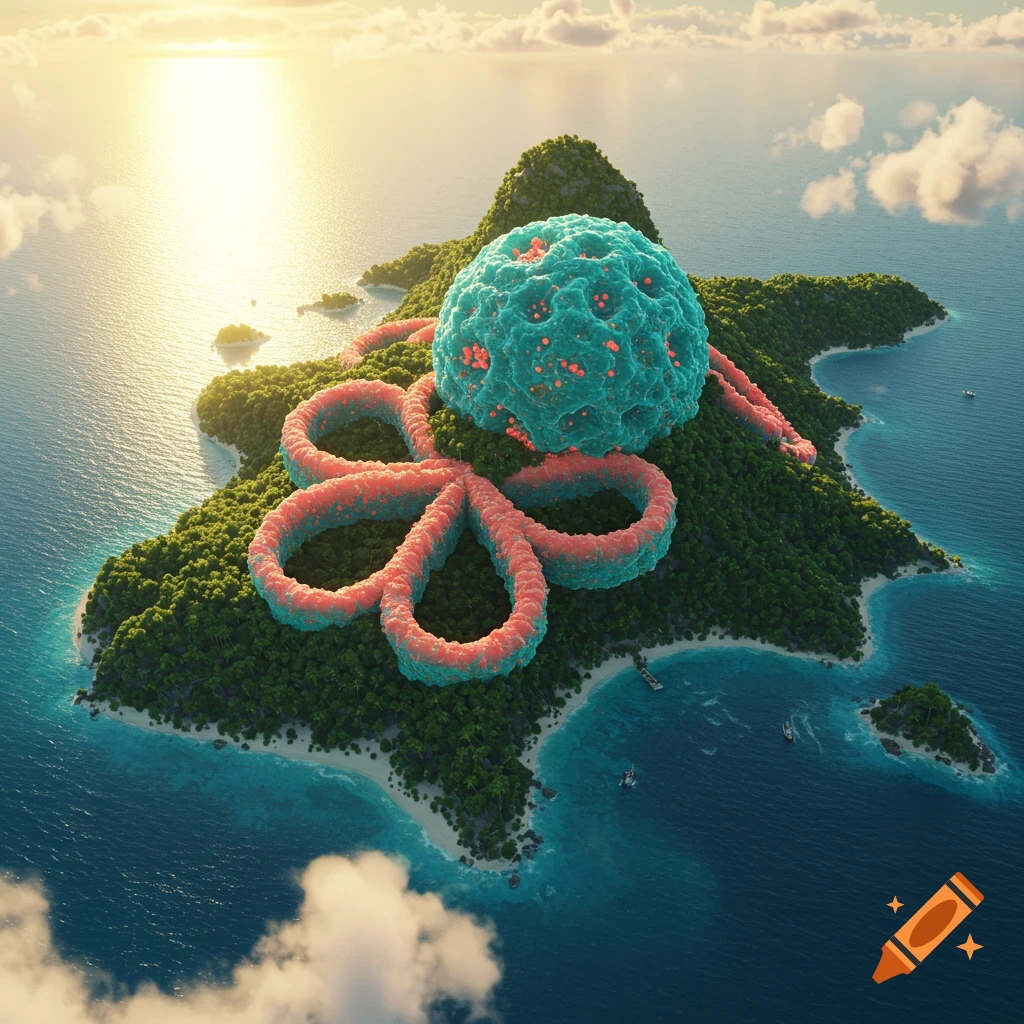 Aerial view of a teal cell with red bumps and a red worm-like trail on a lush green island surrounded by blue ocean at sunset.