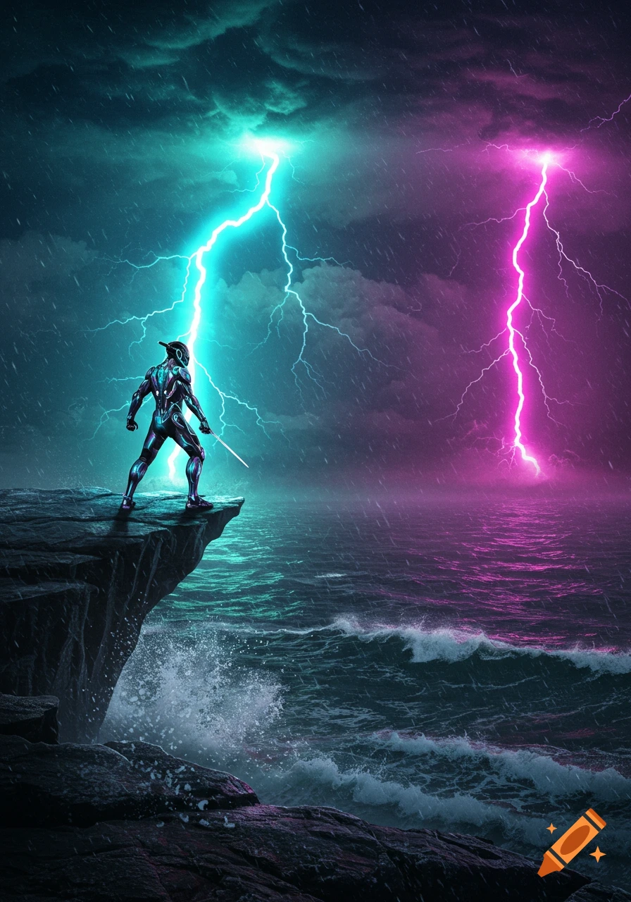 A futuristic warrior in glowing armor stands on a cliff overlooking a stormy ocean with cyan and magenta lightning.