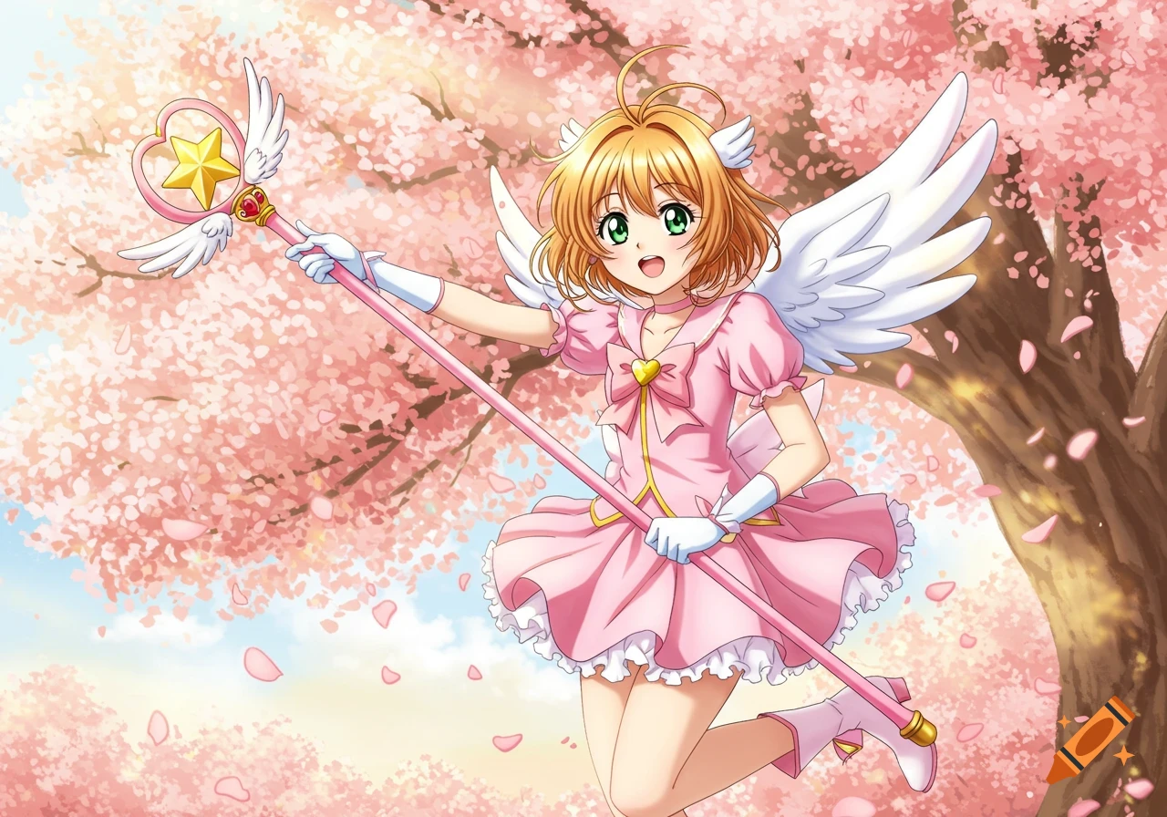 An anime girl with short orange hair, green eyes, and white wings wears a pink frilly dress, holding a star-topped staff, surrounded by pink cherry blossoms.
