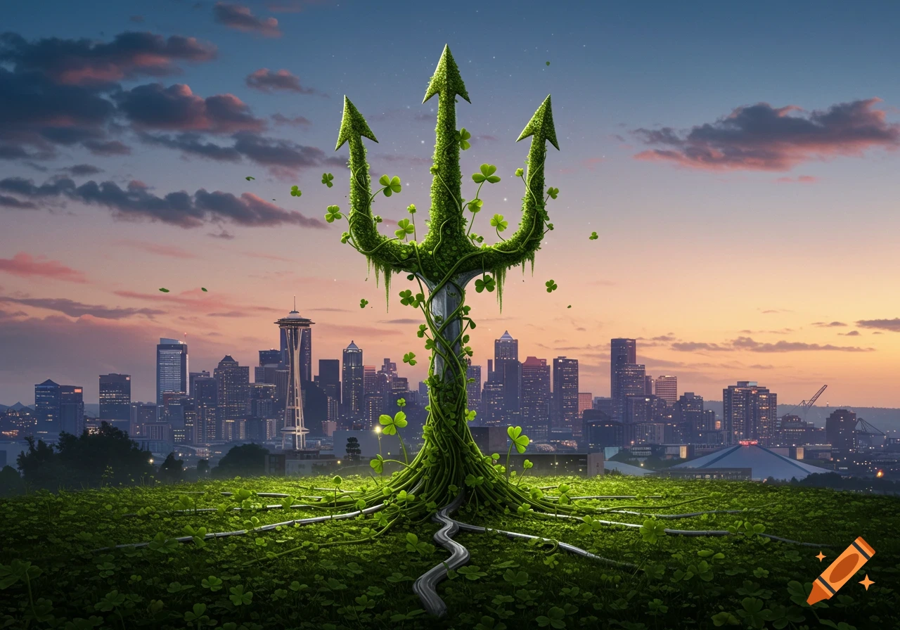 A giant green trident covered in clovers and vines stands in a field of clovers with the Seattle skyline at sunset in the background.