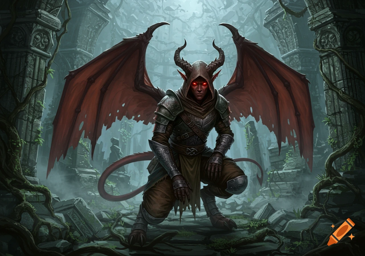 A red-eyed, horned, winged demon-like creature in armor crouches among dark, overgrown ancient ruins. Dark fantasy art.