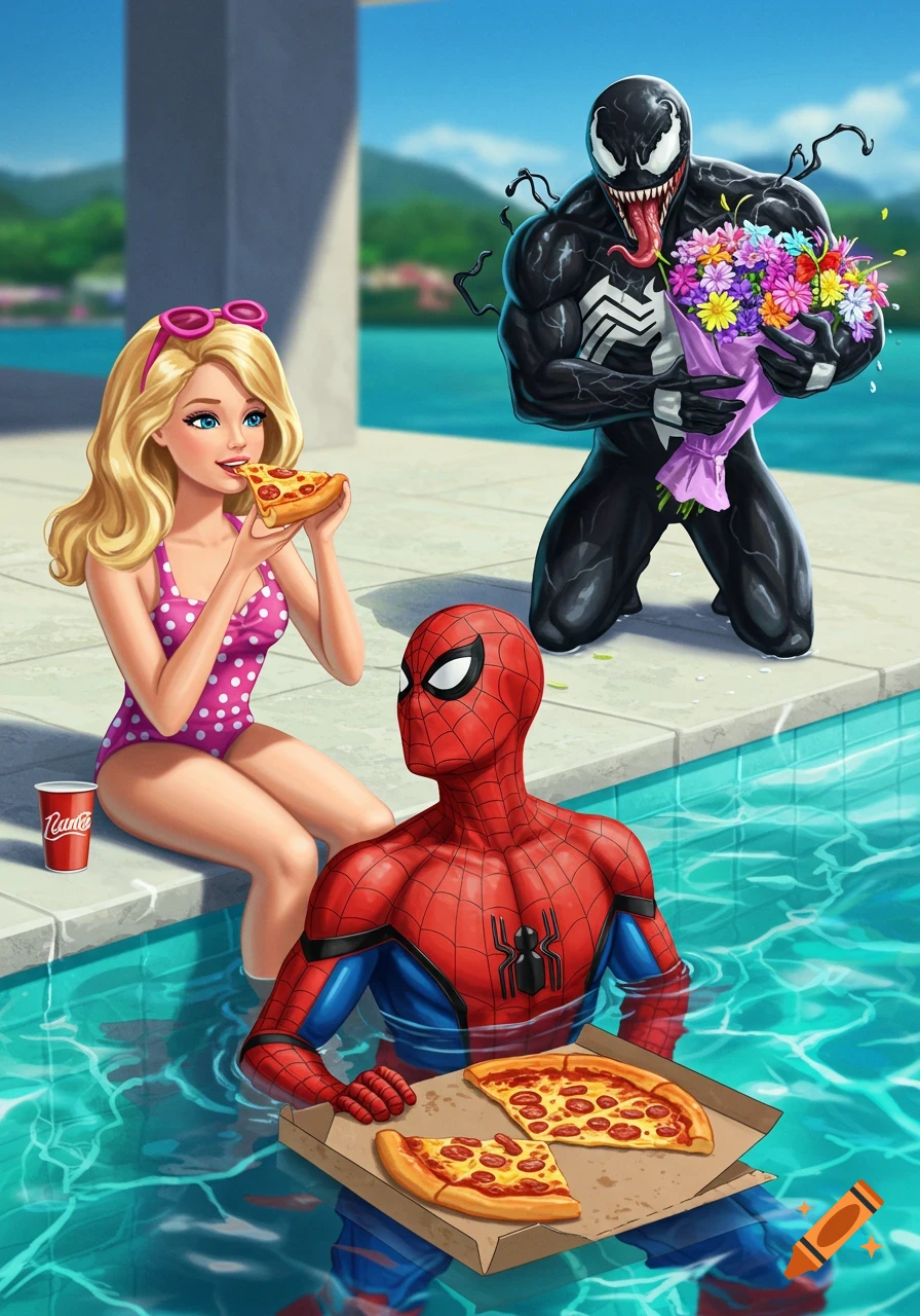 Barbie and Spider-Man eat pizza by a pool while Venom holds a bouquet of flowers in a colorful digital illustration.