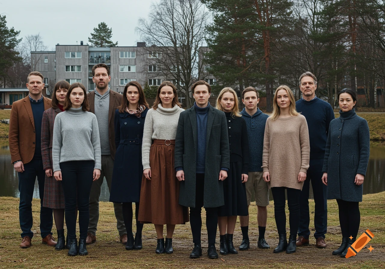 A photorealistic group portrait of ten people standing outdoors in front of a building and trees, with water behind them.