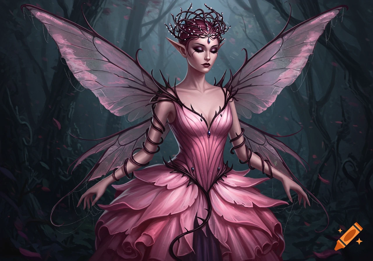 A dark pink fairy with large translucent wings and a thorny crown stands in a dim forest, wearing a layered pink gown.