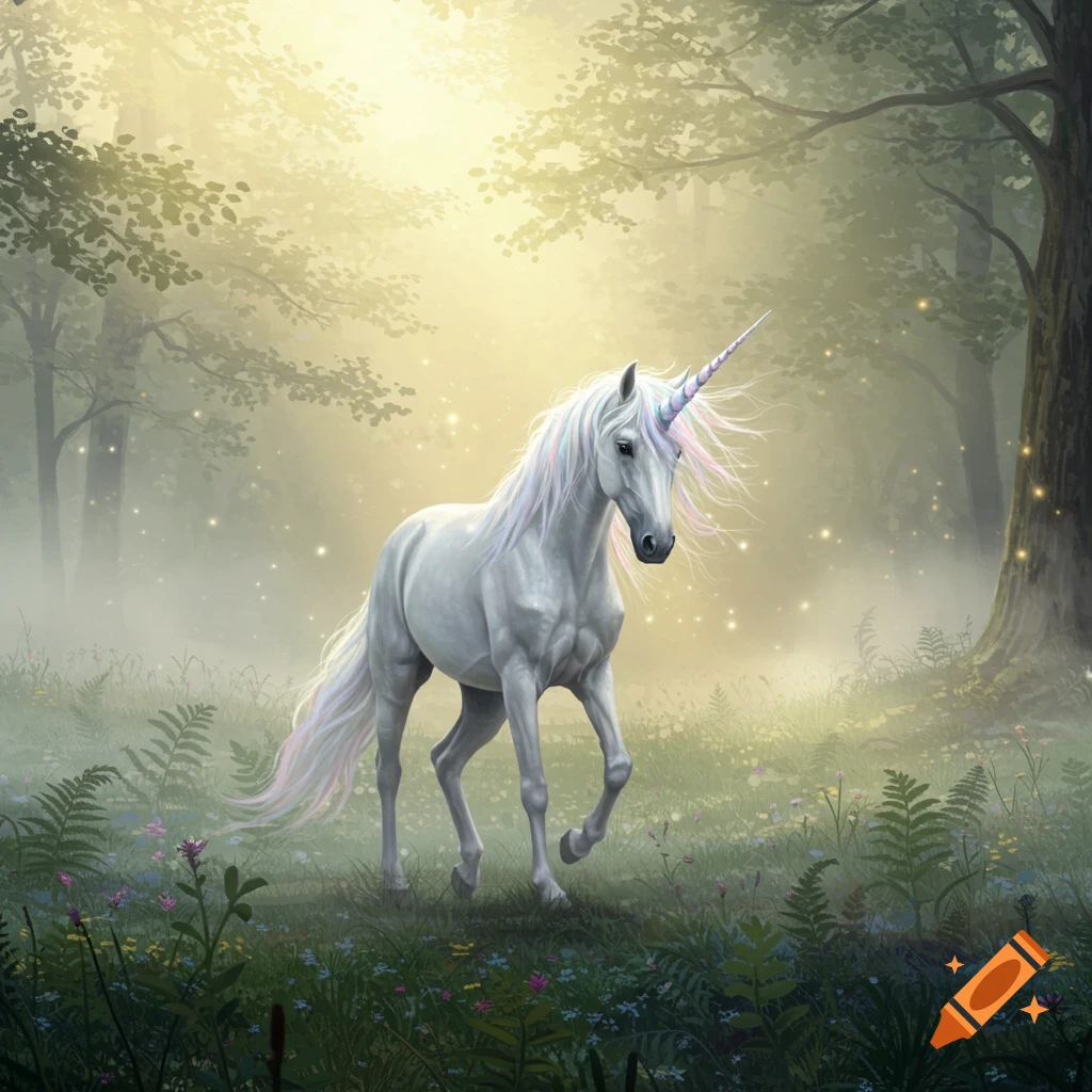 A majestic white unicorn with a rainbow horn walks through a misty, sunlit, ethereal forest with wildflowers.
