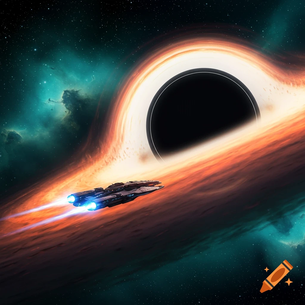 A futuristic spaceship with glowing blue engines flies past a black hole with a vibrant orange accretion disk and nebulae in deep space.