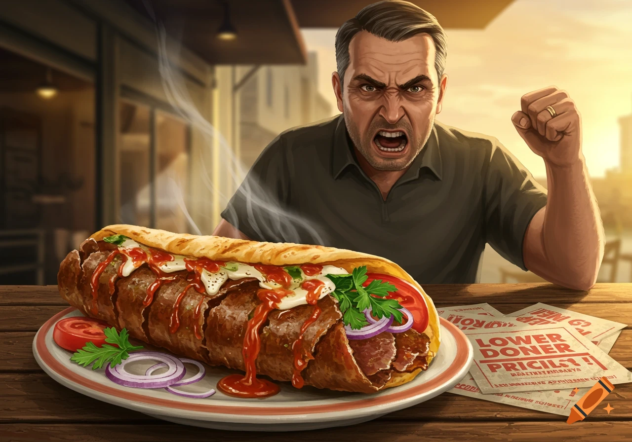 An angry man shouts while a large döner kebab sits on a plate in front of him, in an illustrative style.