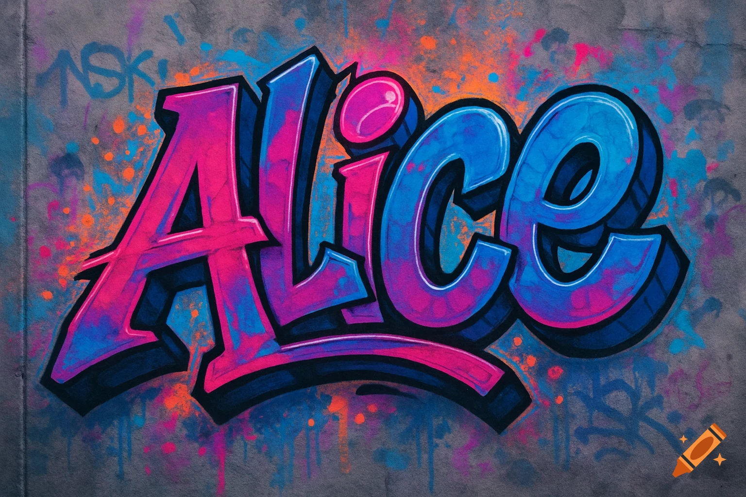 The name "Alice" rendered in bold, colorful graffiti style with pink, blue, and purple hues, on a textured gray wall covered in paint splatters and faded tags.