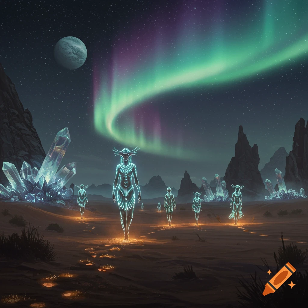 Glowing humanoid aliens walk across a barren, crystal-filled alien landscape under a sky with a large moon and vibrant aurora borealis.