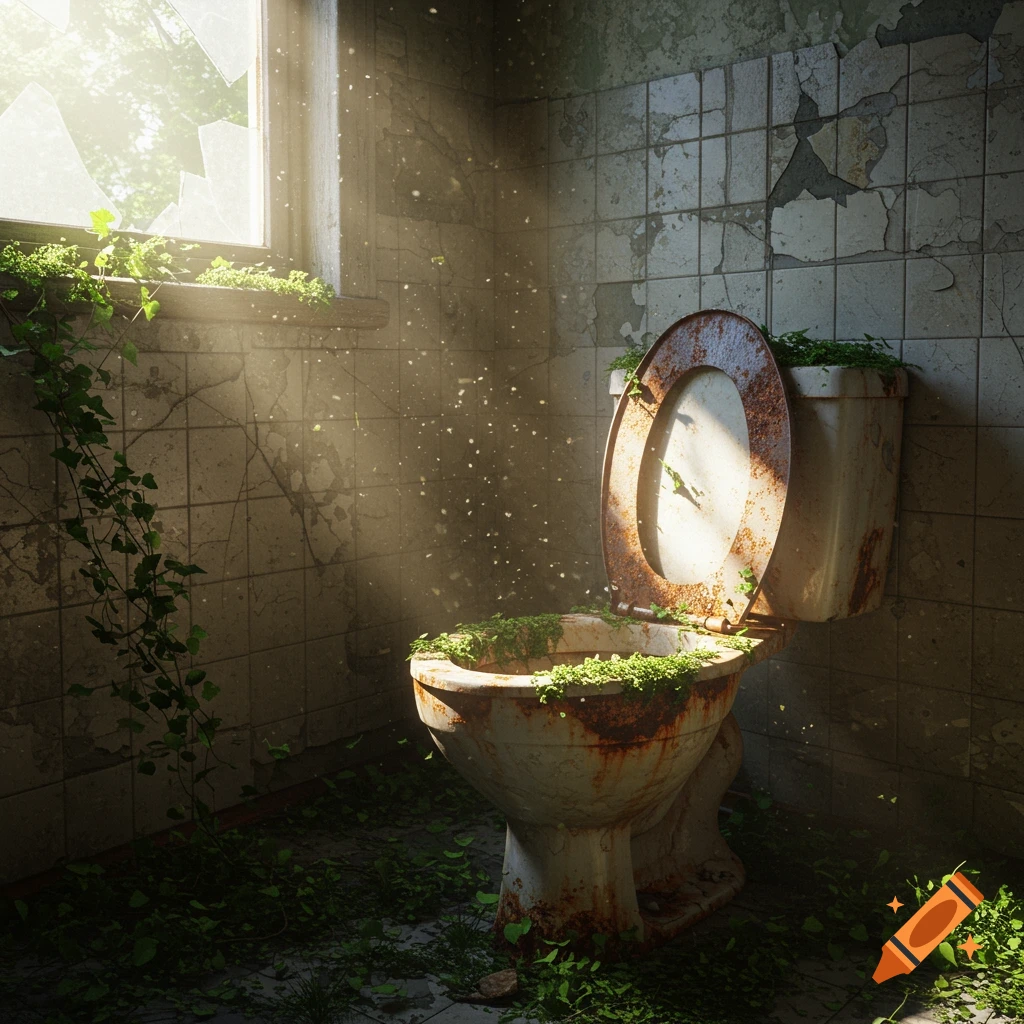 An old, rusty toilet overgrown with green vines in a sunlit, dilapidated bathroom with cracked tiles and a broken window.