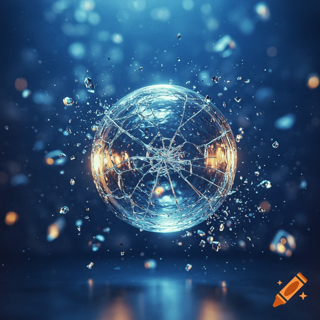 A detailed, illuminated glass sphere shattering, with fragments and bright bokeh effects against a dark blue background.