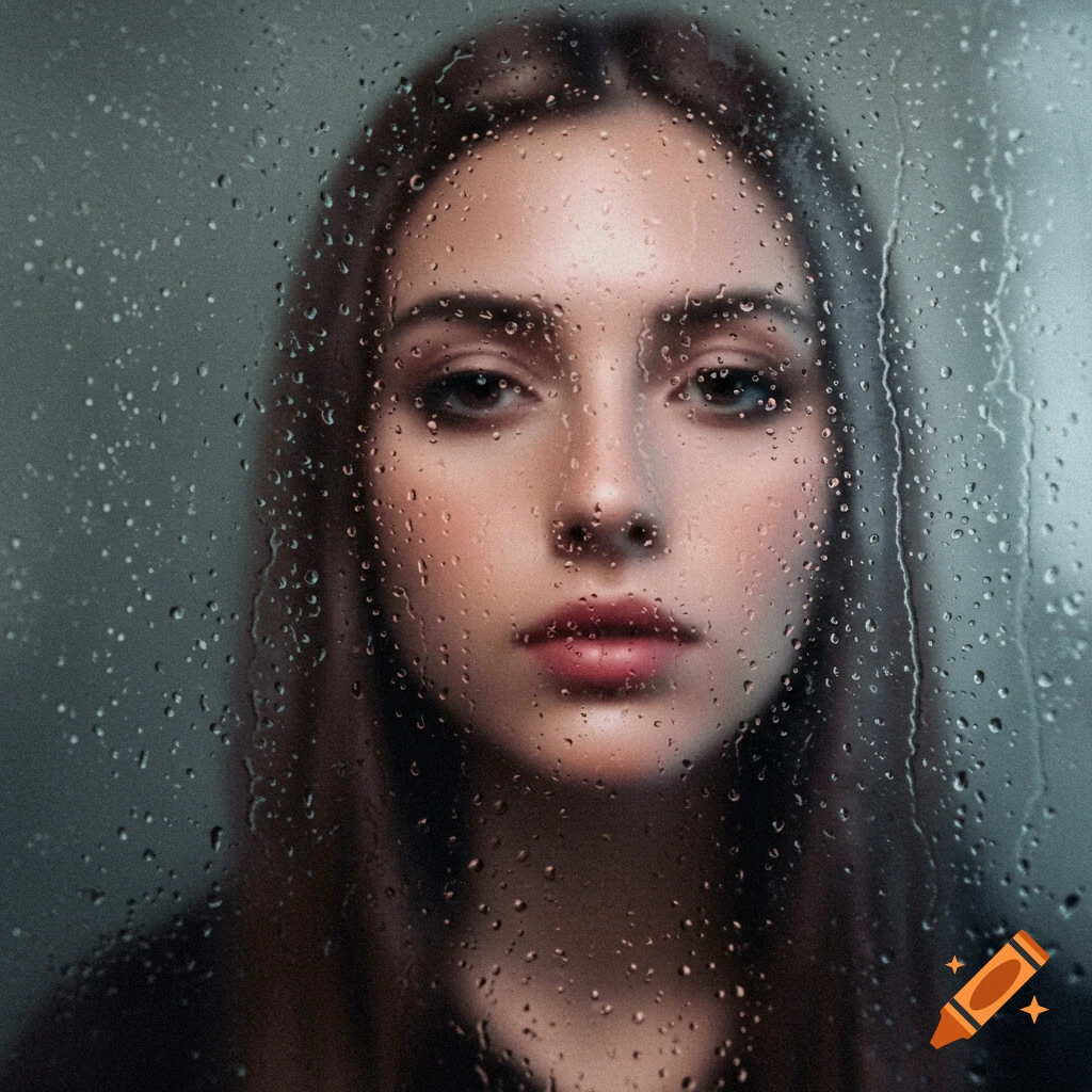 Photorealistic close-up portrait of a woman looking through rain-streaked glass, her face softly blurred.