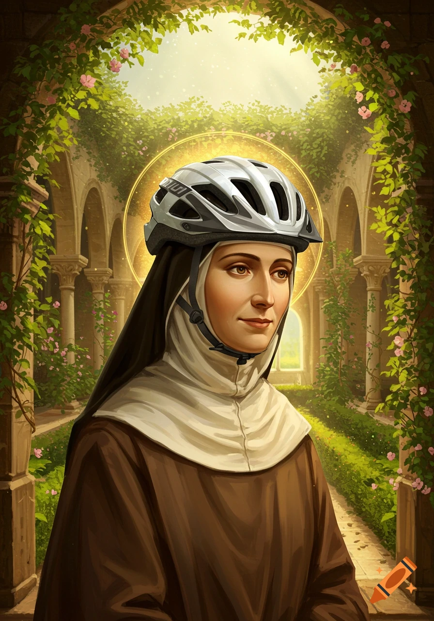 A digital painting of a serene nun wearing a modern bicycle helmet and a golden halo, standing in a sunlit, vine-covered cloister.