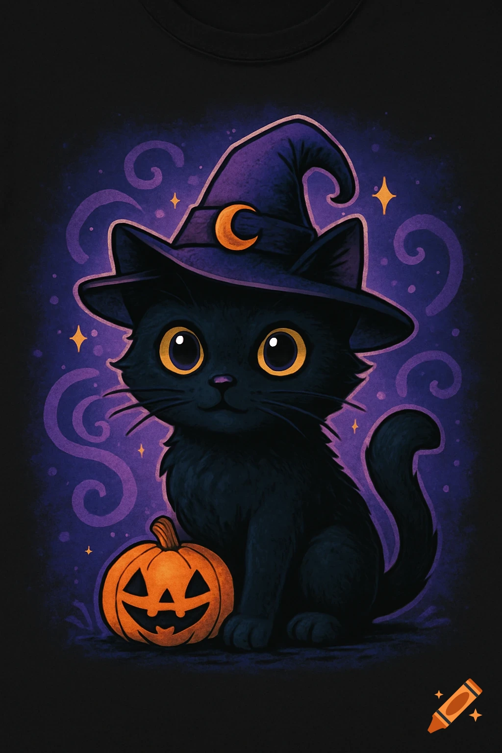Cute black cat wearing a witch hat next to a carved pumpkin, with mystical purple swirls and stars in the background. Cartoon illustration.