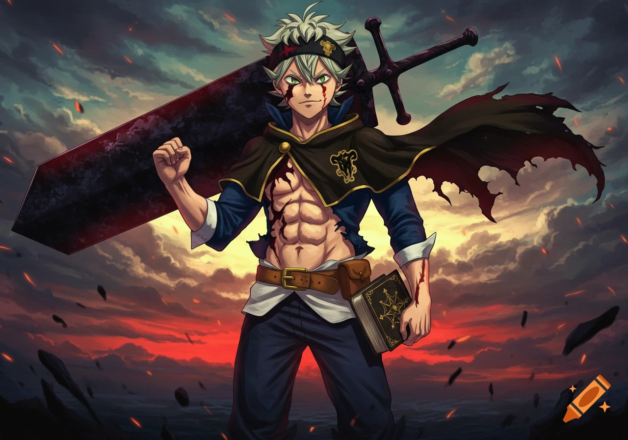 Asta from Black Clover, with blood on his face and chest, holds a large demonic sword over his shoulder and a grimoire in his hand, set against a dramatic red and orange sky.