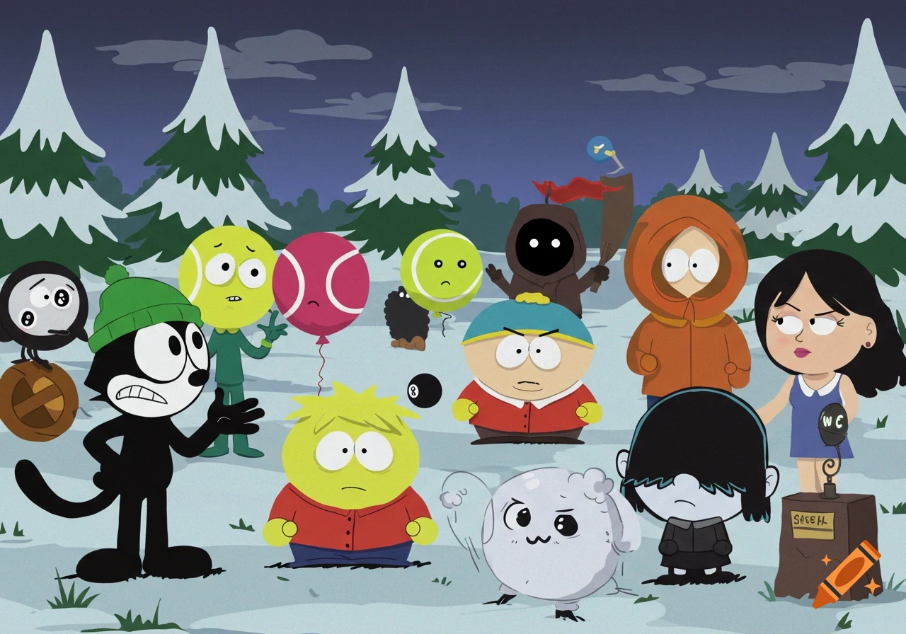Cartoon characters in South Park style, including Felix the Cat, from various franchises stand in a snowy landscape.