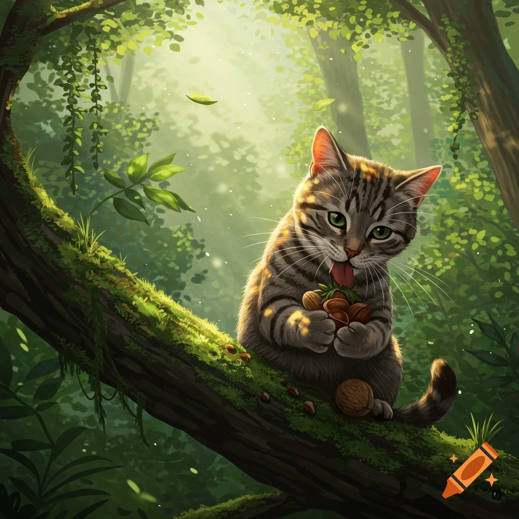Illustrative tabby cat with green eyes sitting on a mossy branch in a sunlit forest, licking nuts.