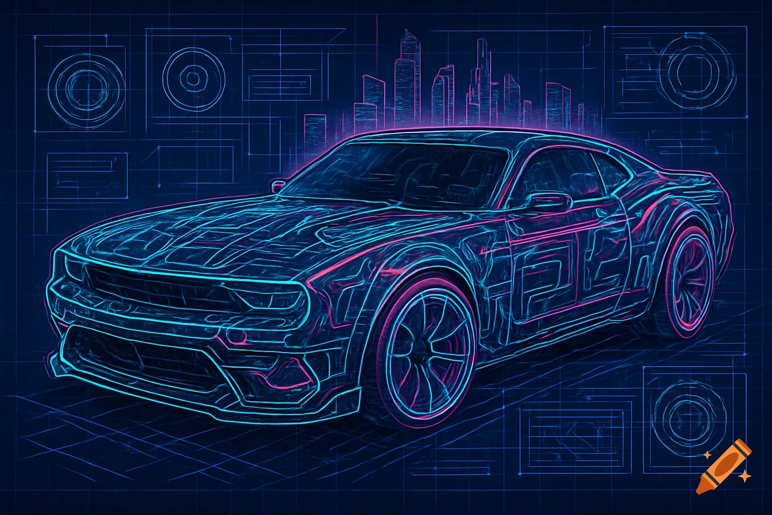 A neon-lit cyberpunk blueprint schematic of a modern muscle car with a glowing city skyline in the background.