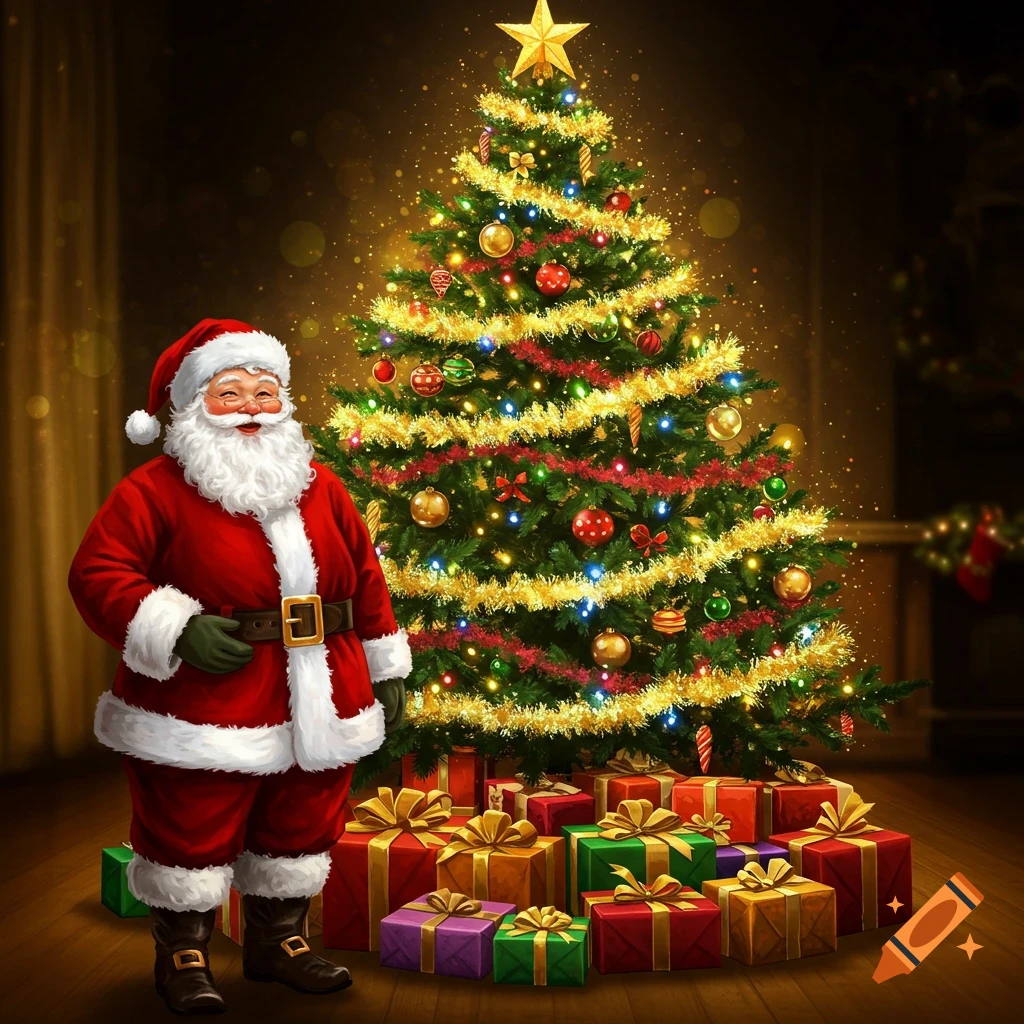 Santa Claus stands next to a brightly lit Christmas tree adorned with ornaments and tinsel, surrounded by wrapped presents.