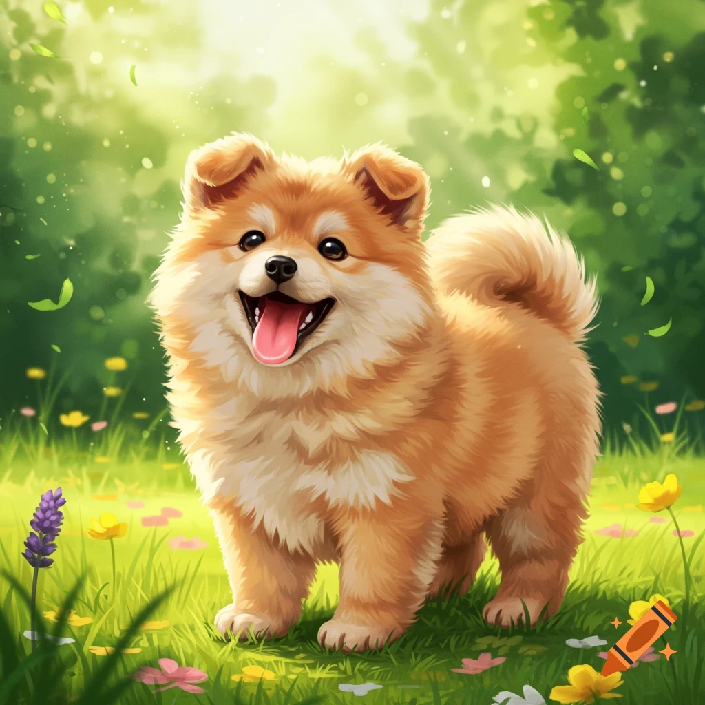 A fluffy, happy, orange and white puppy with its tongue out stands in a vibrant green field with colorful flowers and glowing light.