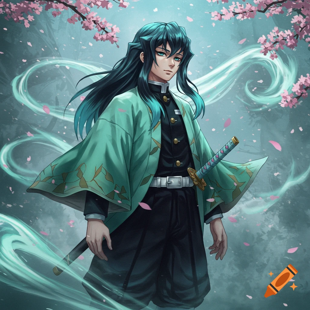 An anime character, Muichiro Tokito, with long teal hair and a mint green haori, holds a sword amidst falling cherry blossoms.