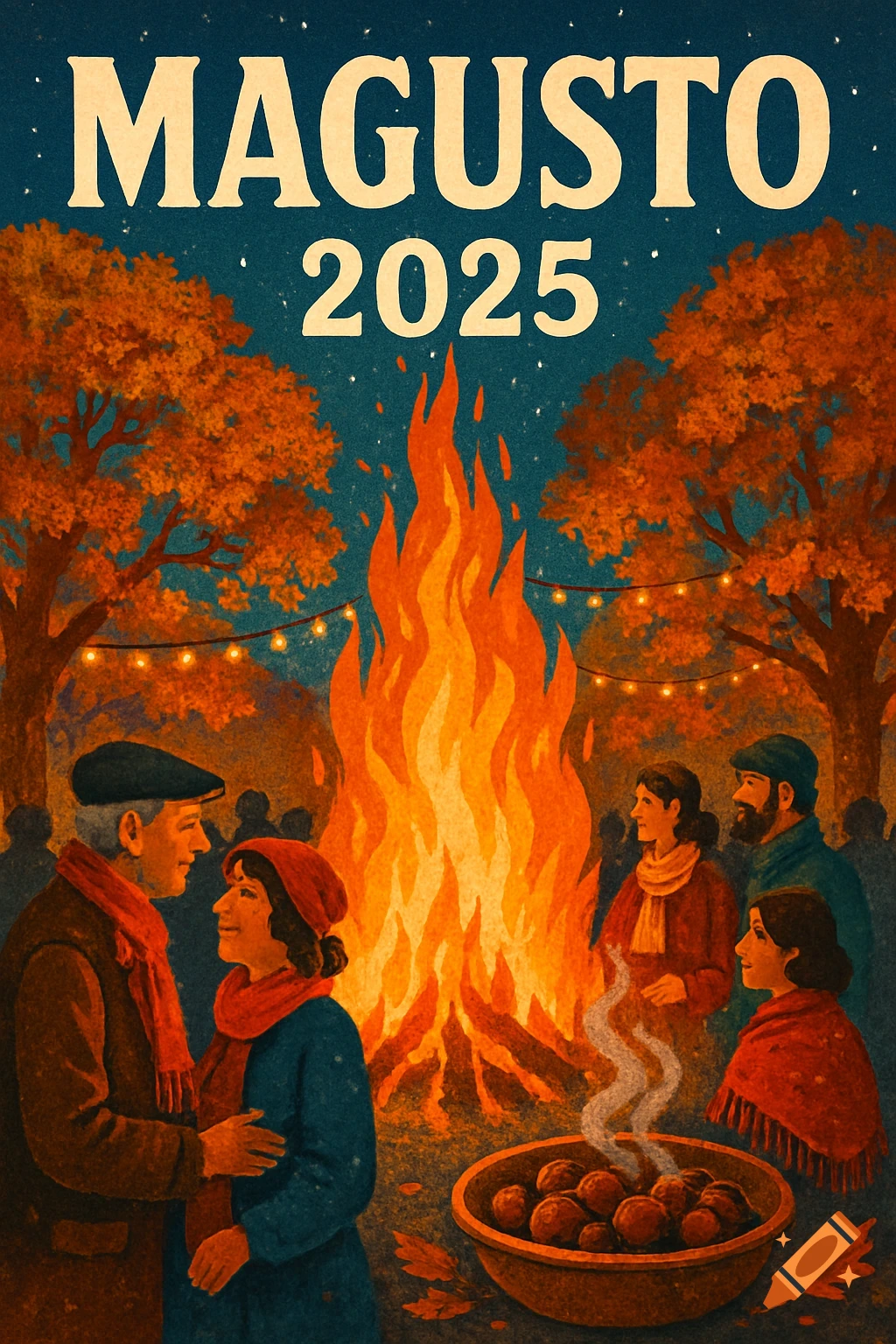 Stylized poster of people around a bonfire at night, with autumn trees and roasted chestnuts. Text reads 'MAGUSTO 2025'.