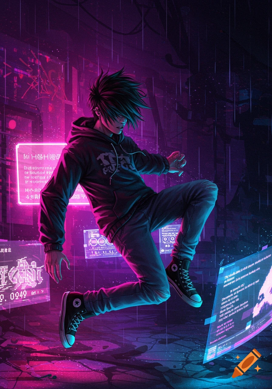 An emo e-boy in a black hoodie and sneakers jumps in a neon-lit cyberpunk city alley, surrounded by glowing holographic screens and falling rain, in an anime art style.