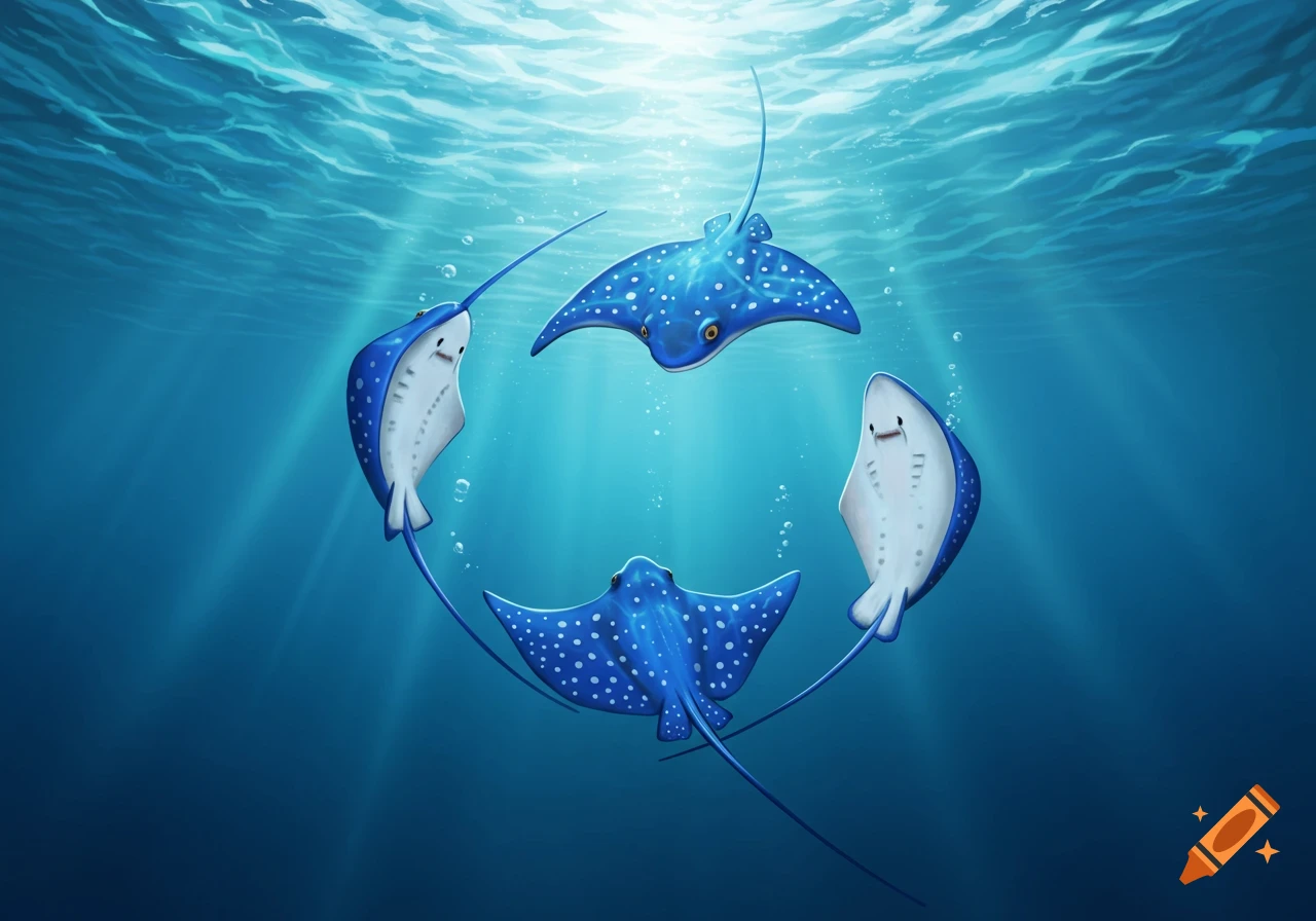 Three blue cartoon stingrays with white spots swim in a circle in clear blue water, with a ray of sunlight shining from the surface.