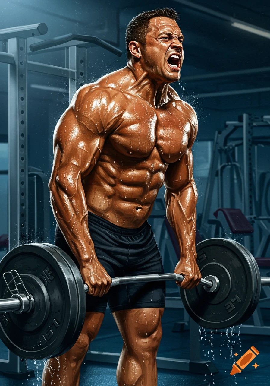 Highly muscular, sweaty man straining to lift a barbell in a gym, with water splashing around him.