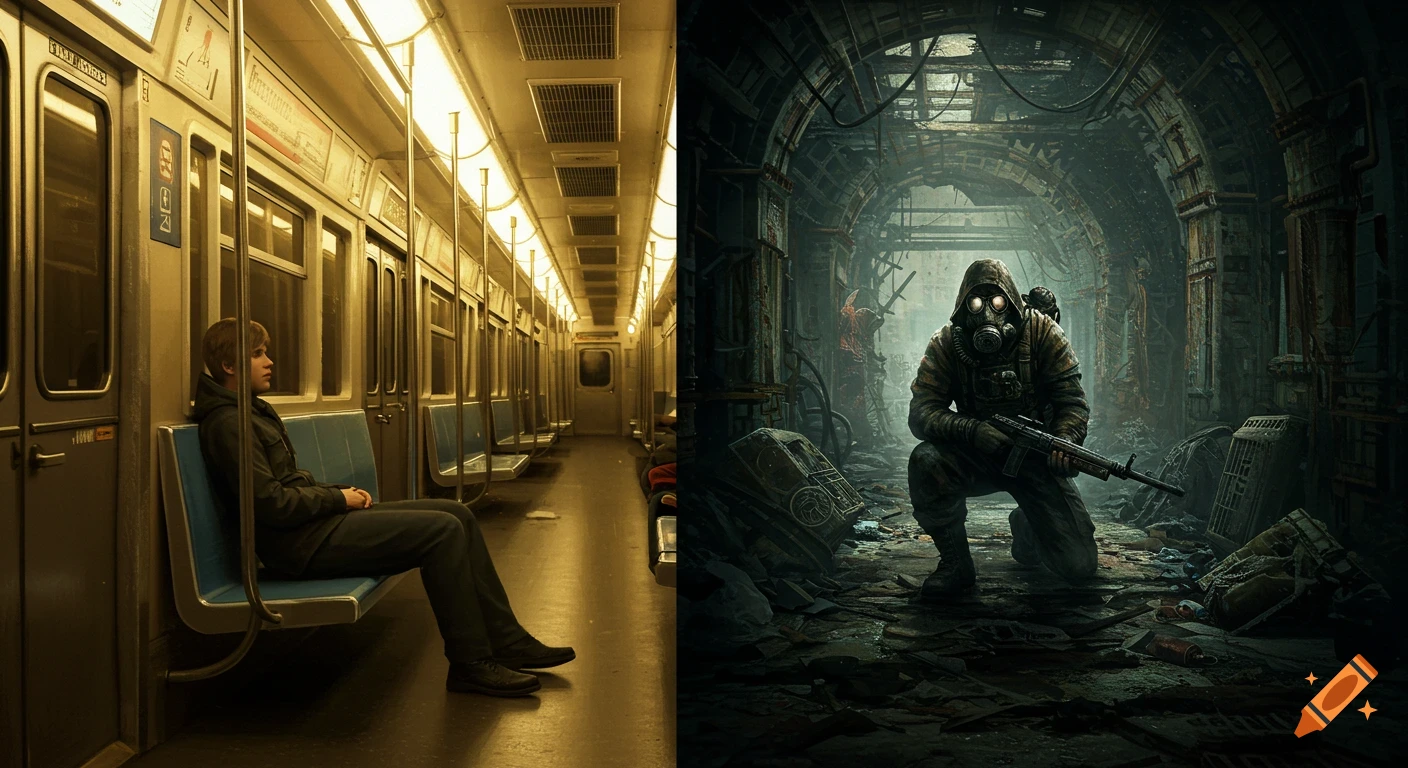 A vertical split image: left shows a young man sitting alone in a clean, brightly lit subway car; right shows a gas-masked stalker crouching in a dark, destroyed post-apocalyptic subway tunnel.