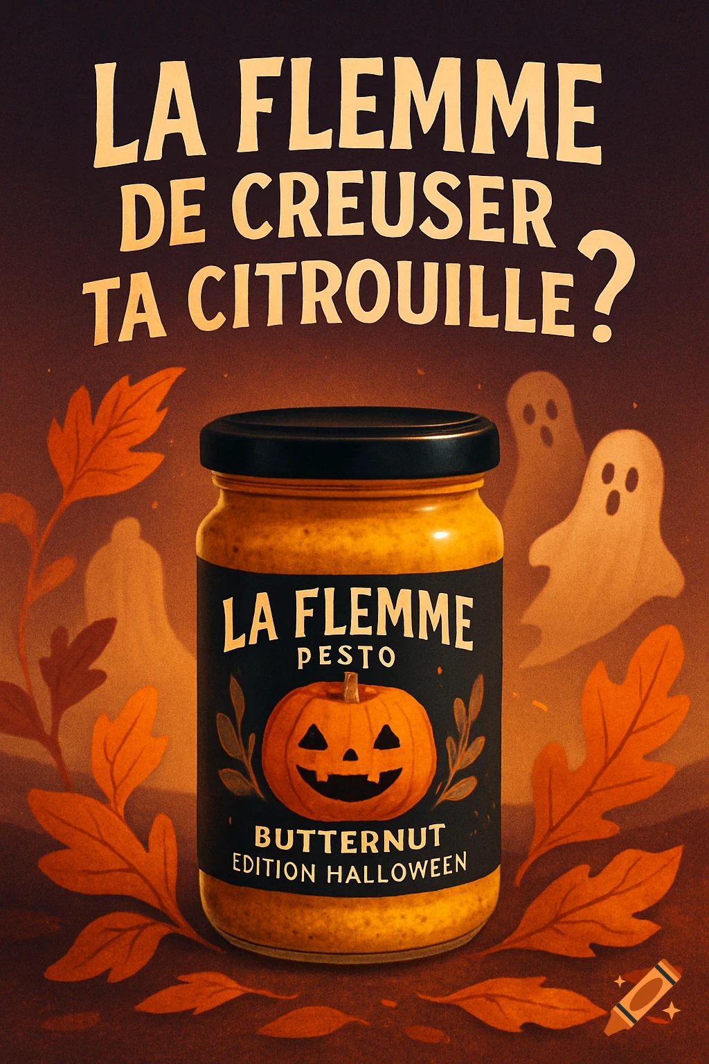 Halloween ad for La Flemme butternut pesto, featuring a jar with a jack-o'-lantern label, autumn leaves, and ghosts.