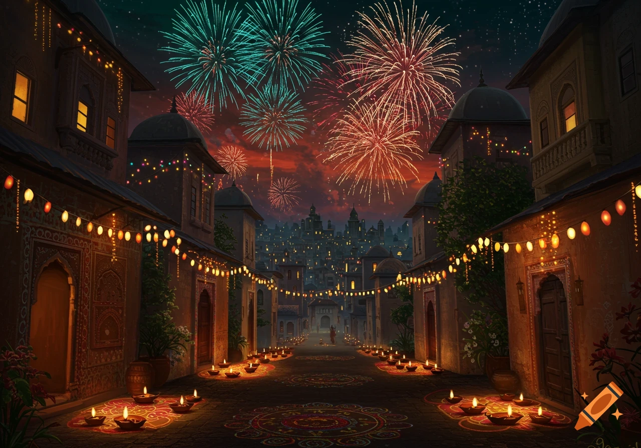 A festive cityscape at night, with buildings adorned with lights and many glowing diyas on the street, under a sky filled with colorful fireworks.