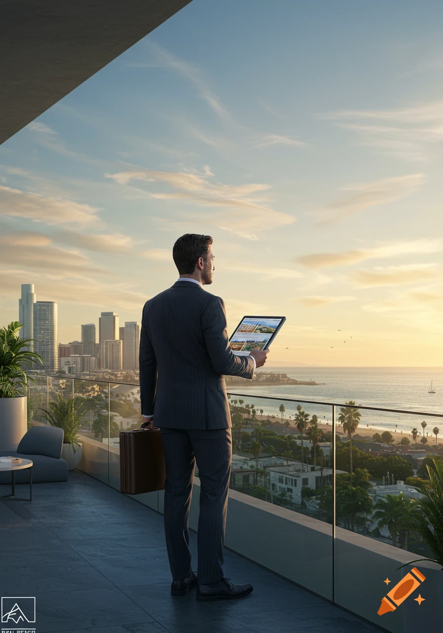 A man in a suit holding a tablet on a high-rise balcony, overlooking a city skyline and ocean at sunset, photorealistic.