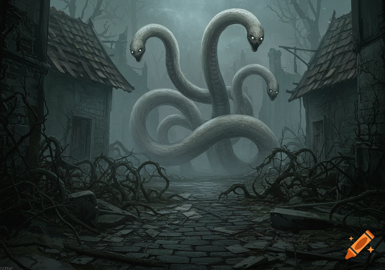 A multi-headed serpent-like monster with glowing eyes looms over a dark, foggy, ruined village, depicted in a digital dark fantasy style.