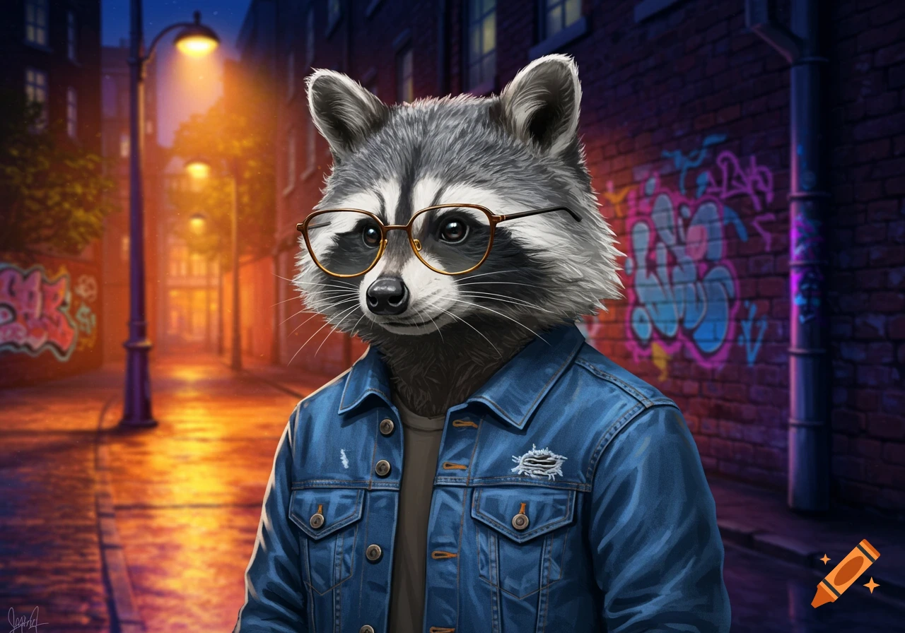 An anthropomorphic raccoon with glasses and a denim jacket stands in a dark urban alley with graffiti.