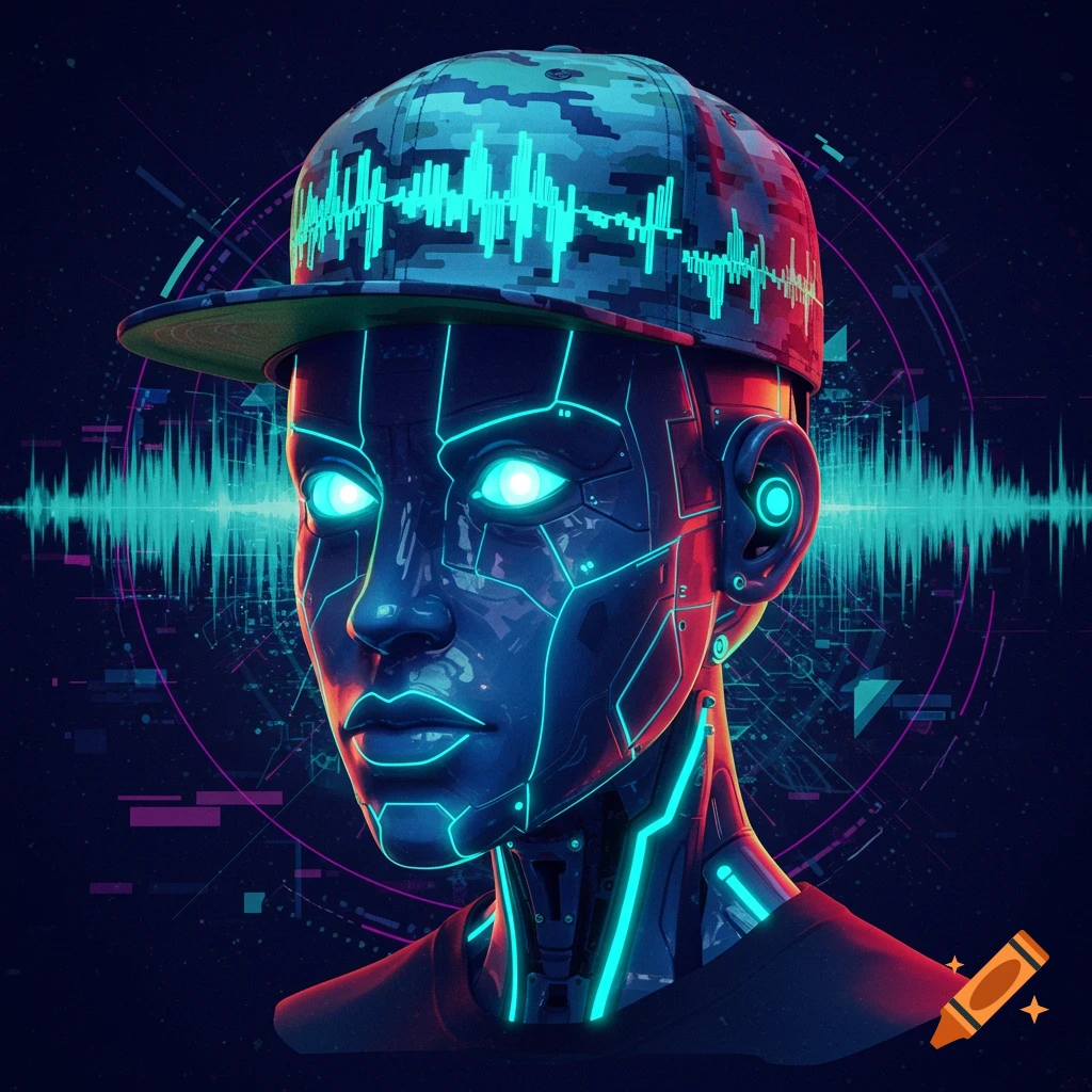 A futuristic cyborg head wearing a camouflage baseball cap with glowing sound waves on the cap and in the background, neon blue lines on its face.