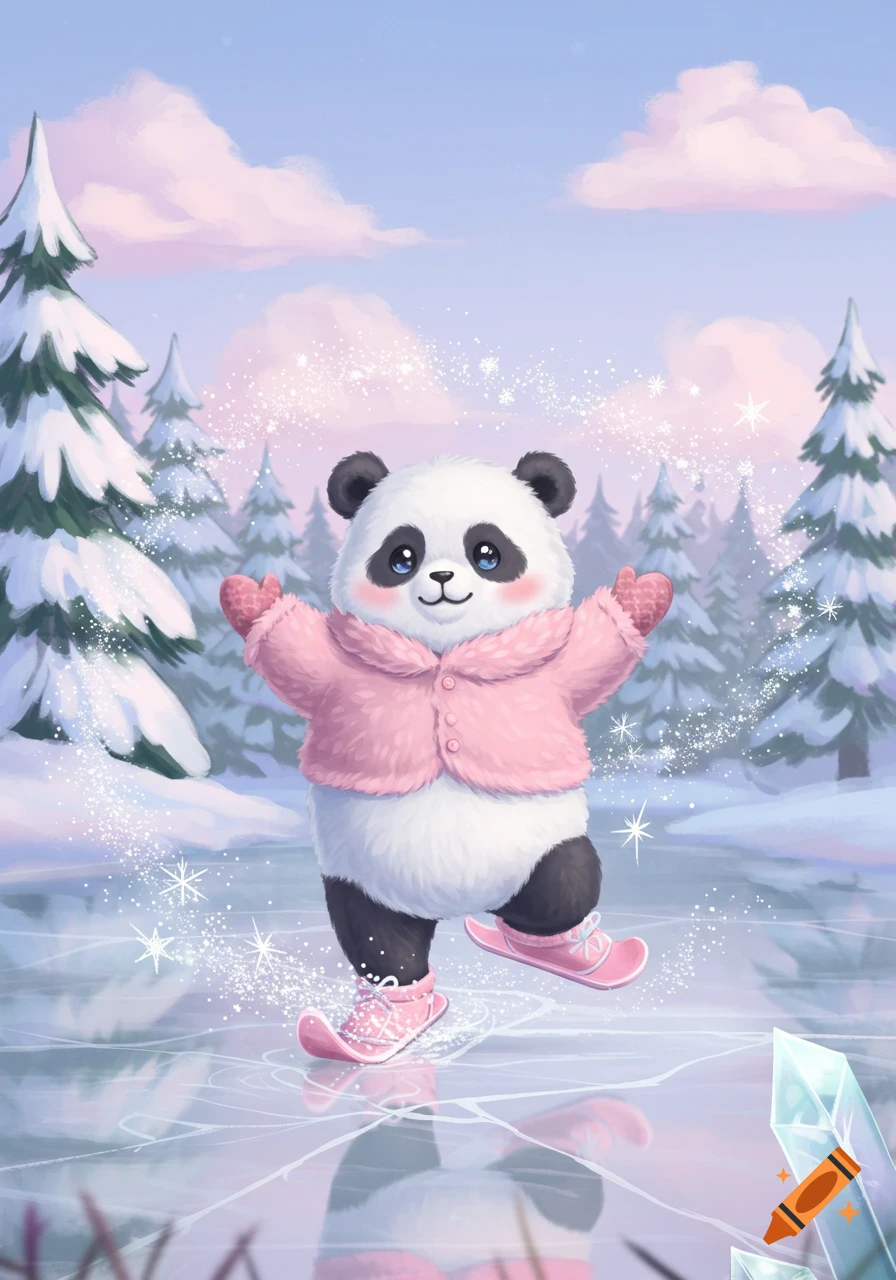Kawaii panda in a pink fluffy coat and mittens ice-skating on a sparkling frozen pond in a snowy forest.