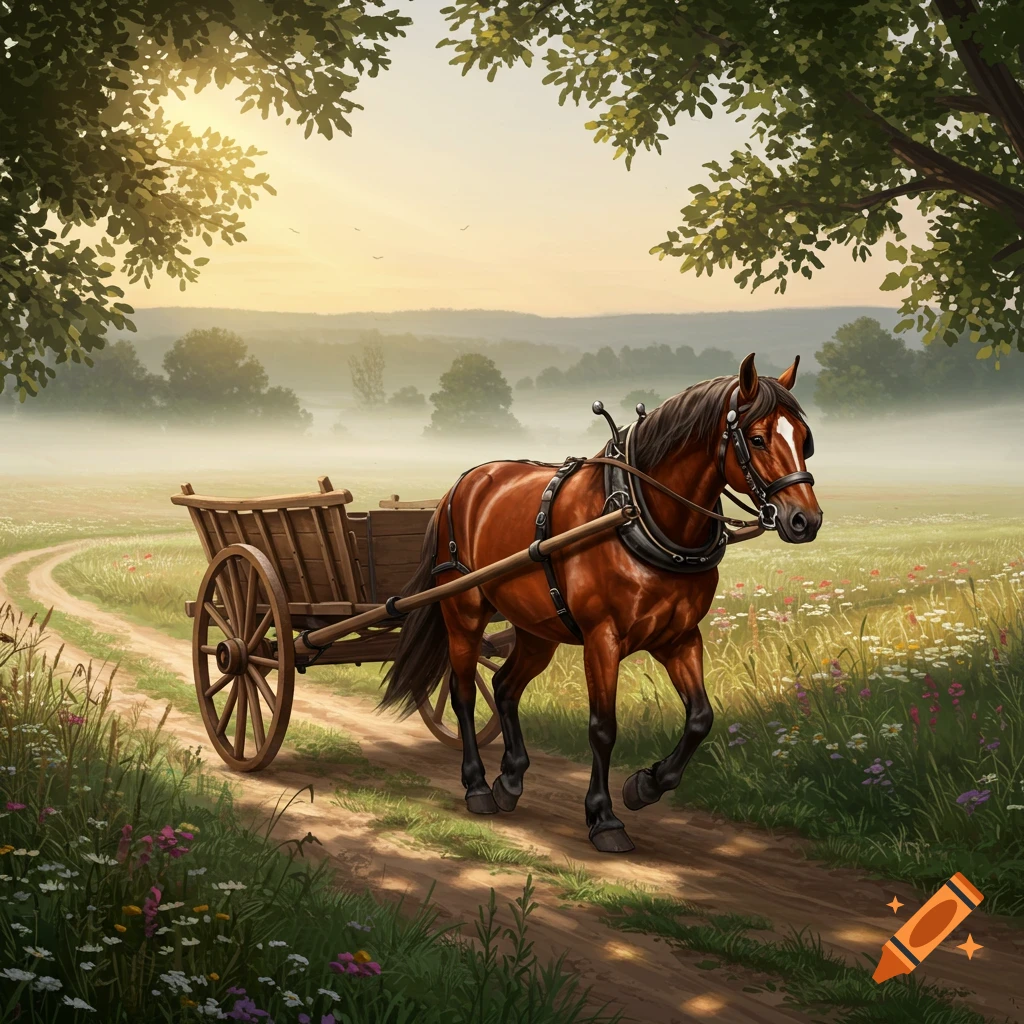 A brown horse in harness pulls a wooden cart on a dirt road through a sunlit, misty meadow with wildflowers and trees.
