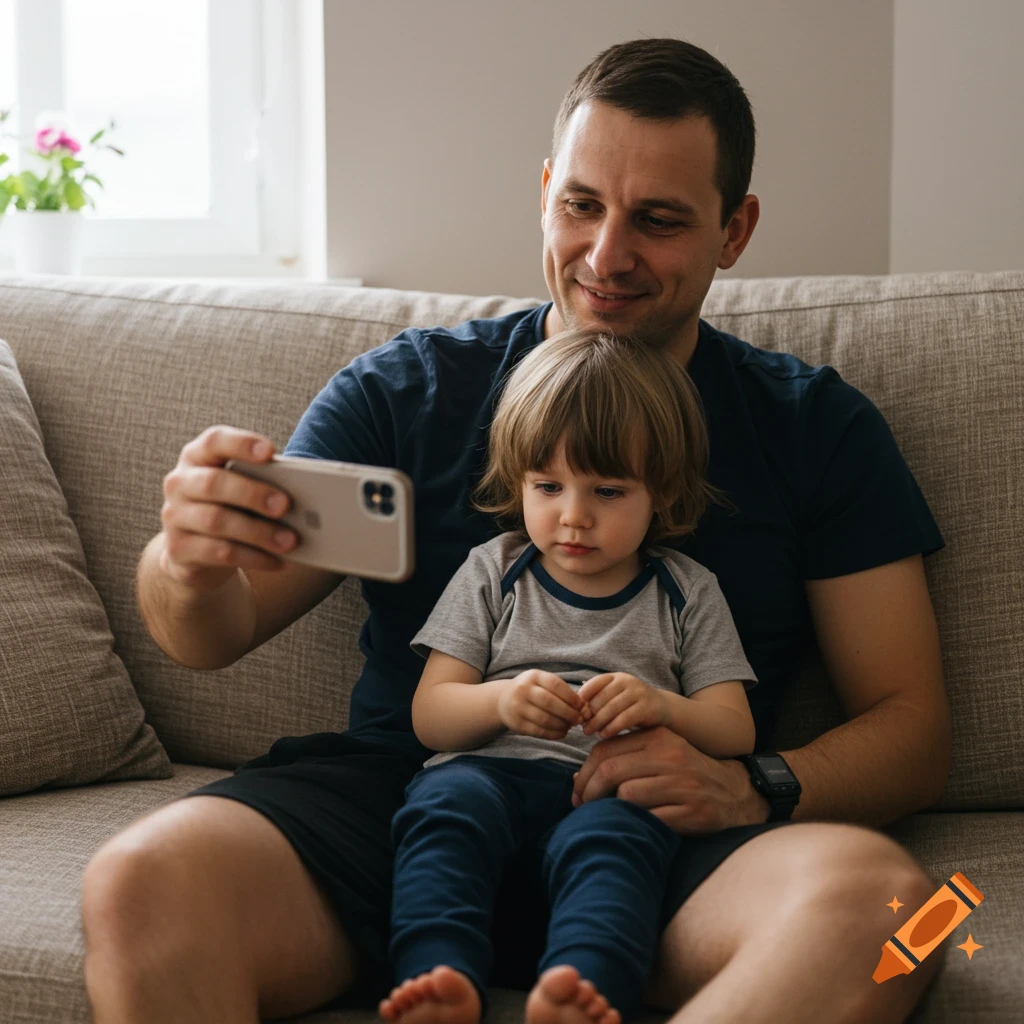 A smiling man sits on a couch, holding a phone to take a selfie with a young child on his lap.