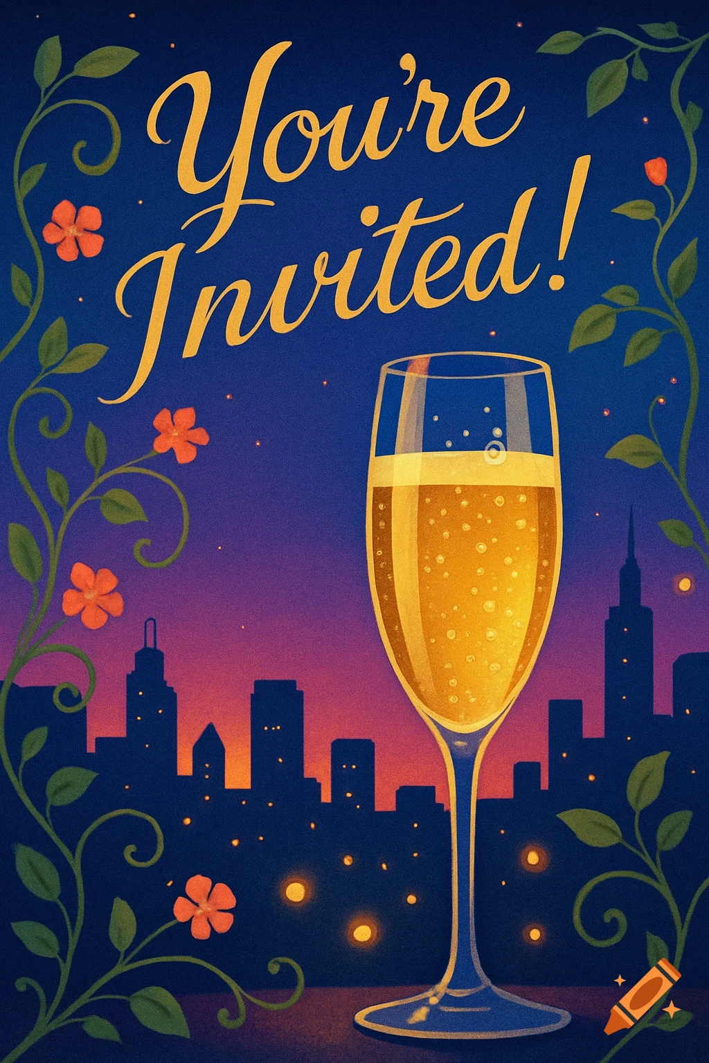 An invitation card with 'You're Invited!' text above a champagne glass and a city skyline at sunset, framed by vines.