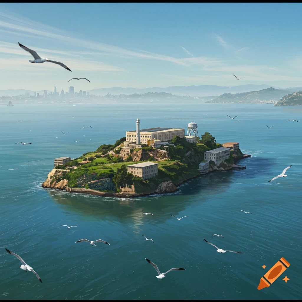 Aerial illustrated view of Alcatraz Island in blue waters, with seagulls flying and a distant city skyline.
