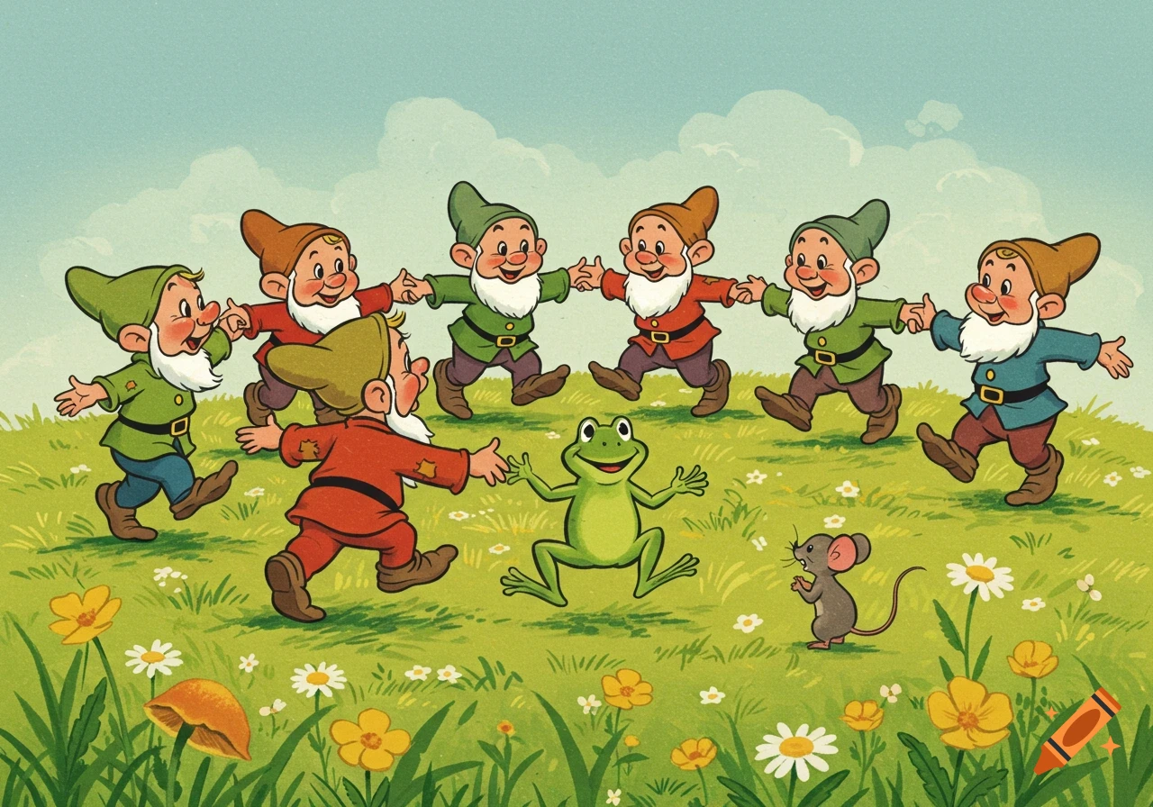 Seven cartoon gnomes dance in a circle with a frog and mouse in a grassy field, in a 1950s illustration style.