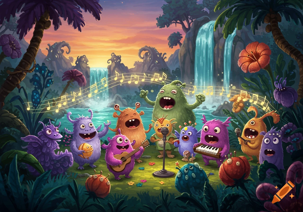 A group of colorful, cartoon-style monsters sing and play instruments in a lush jungle with waterfalls at sunset, with musical notes floating above them.