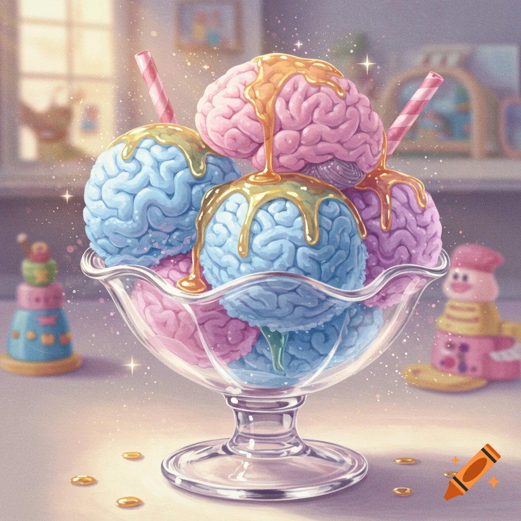 Whimsical illustration of a sundae with blue, pink, and purple brain-shaped scoops, drizzled with golden syrup, in a glass dish.