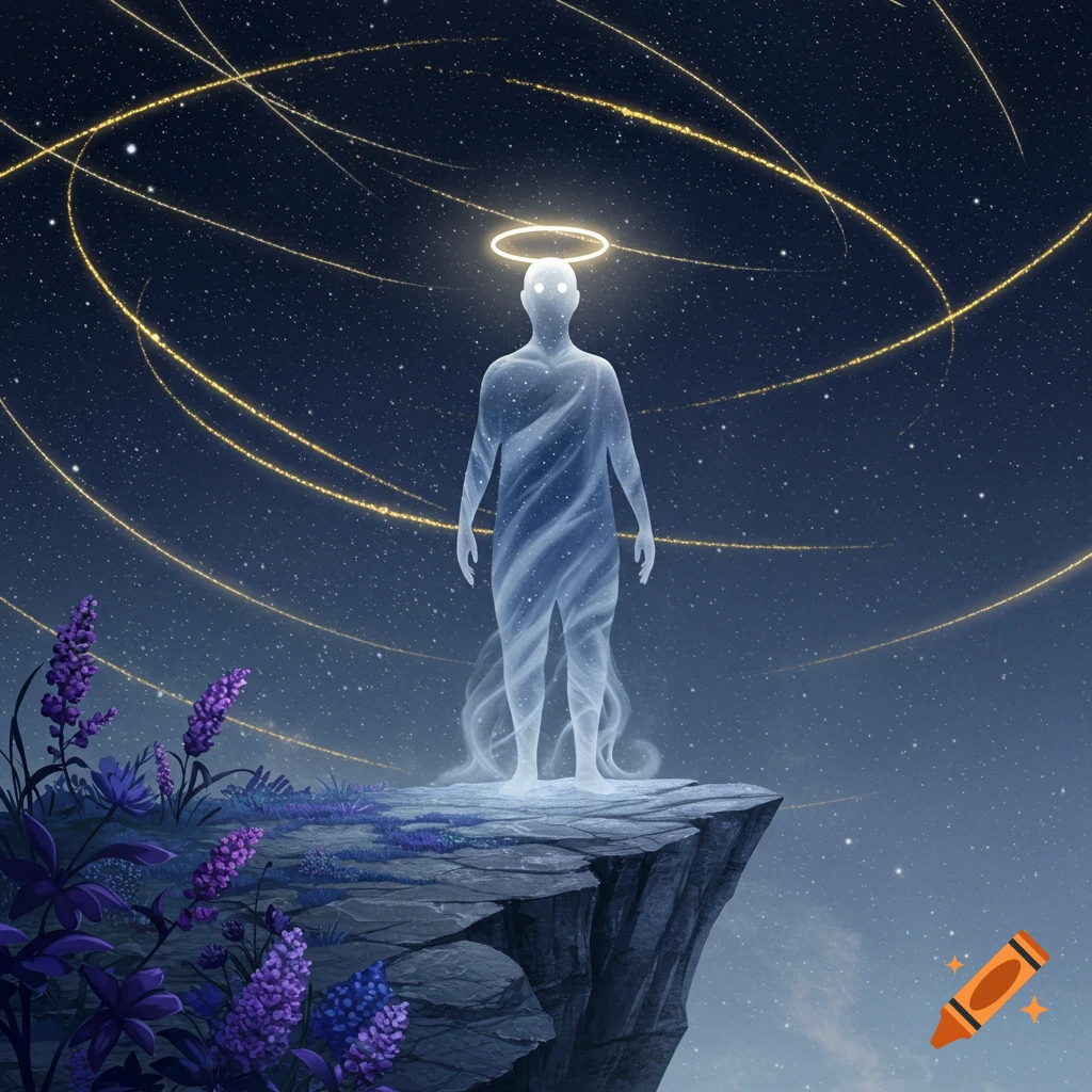 A glowing, translucent human figure with a halo stands on a cliff under a starry night sky with golden light trails.