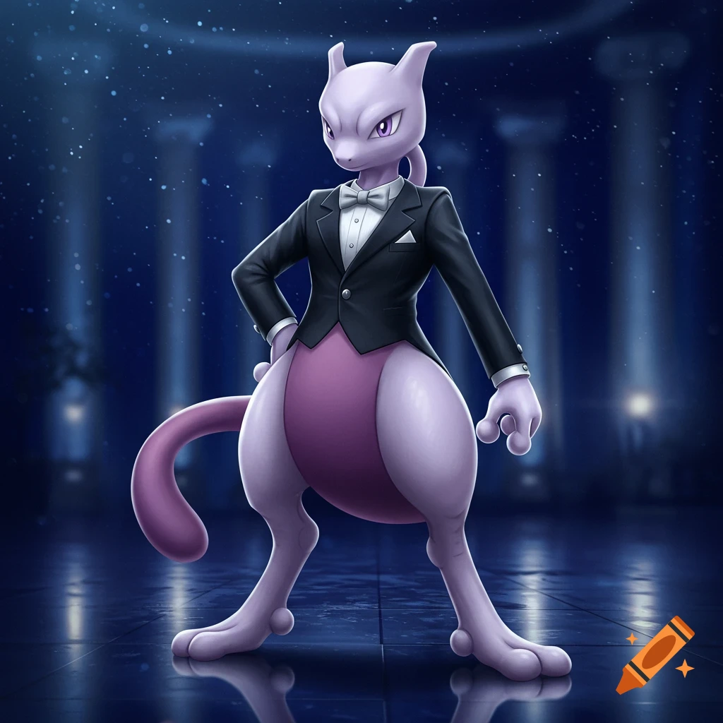 Mewtwo, a purple and white Pokémon, stands elegantly in a black tuxedo with a white bow tie, in a dimly lit, reflective setting with pillars.