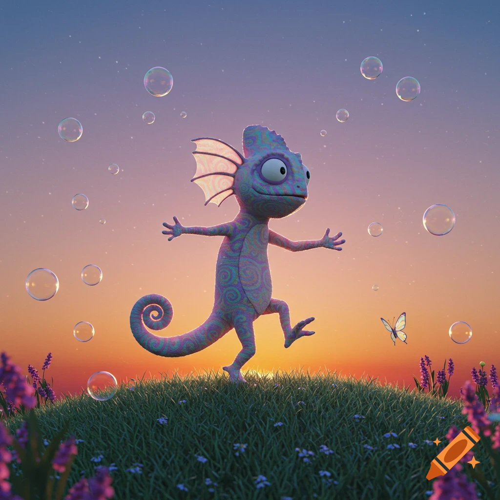 A whimsical, cartoon chameleon with a colorful patterned body dances on a grassy hill with bubbles and a butterfly against a sunset sky.
