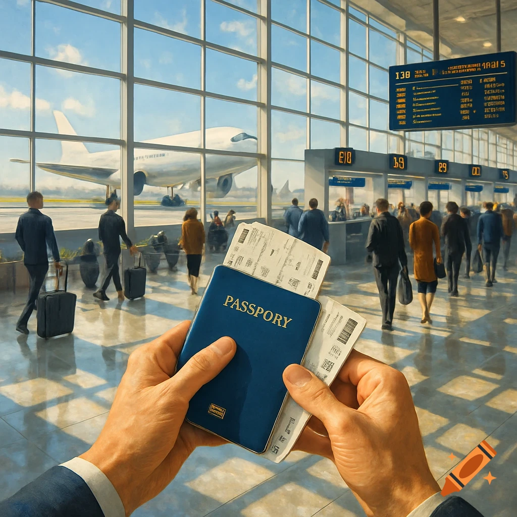 A person holds a blue passport and boarding passes in an airport terminal, with a plane visible outside a large window and other passengers walking by.
