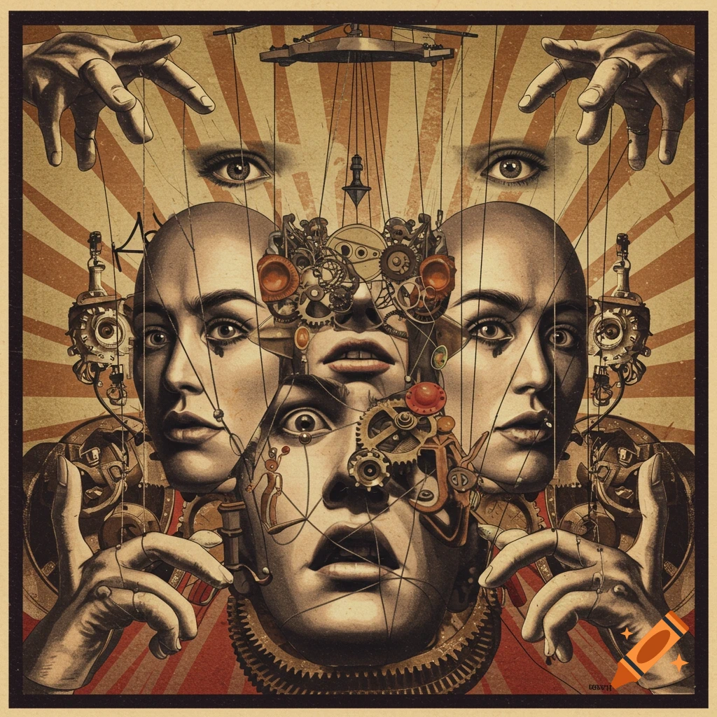 Surreal collage of distorted human faces, mechanical gears, and puppet strings, in a vintage sepia-toned propaganda poster style.