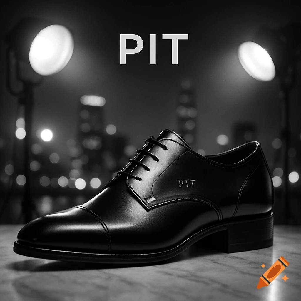 A sleek black leather oxford shoe with 'PIT' branding on a table, spotlighted against a blurred city night in grayscale.